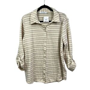 Lynn Ryan Top Blouse Striped Button Up 3/4 Roll Tab Sleeves Tan Women Size‎ 1X